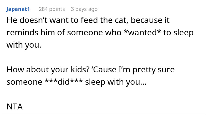 Text comment about a guy fussing over the cat his girlfriend was given by another man causing relationship issues. Text comment about a guy fussing over the cat his girlfriend was given by another man causing relationship issues.