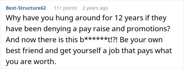 Screenshot of a forum comment questioning why someone stayed 12 years without a raise before giving two weeks notice.