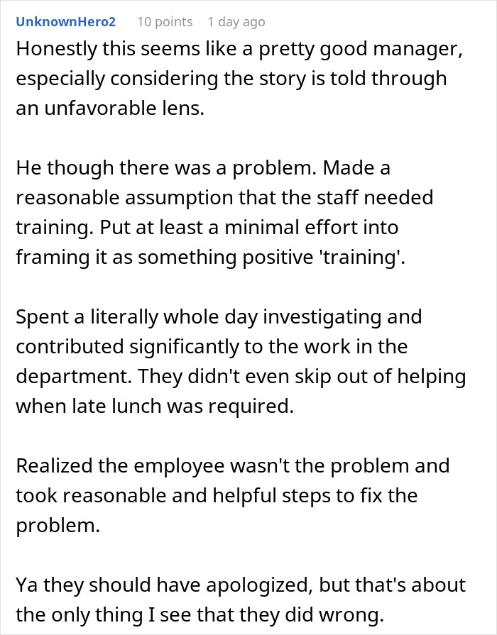 Alt text: Online comment discussing a manager who misjudged a woman's work performance and learned the true issue.