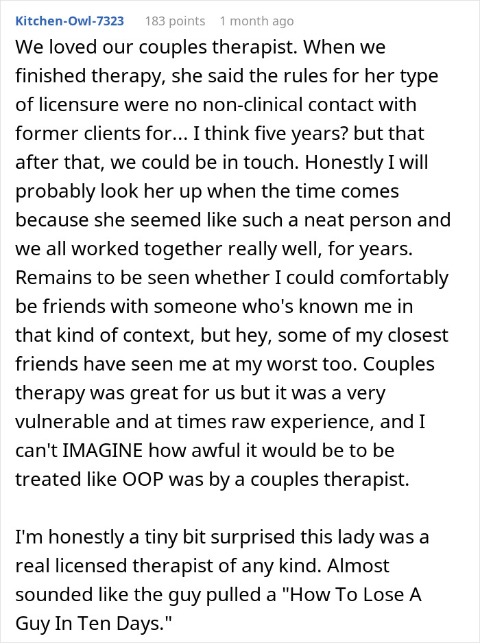 Text excerpt discussing a couples therapist's professional boundaries and impact on mental health in therapy sessions.