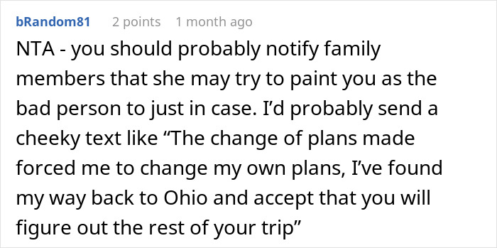Reddit comment discussing family drama and changed plans during a hijacked road trip with babysitting expectations. Reddit comment discussing family drama and changed plans during a hijacked road trip with babysitting expectations.