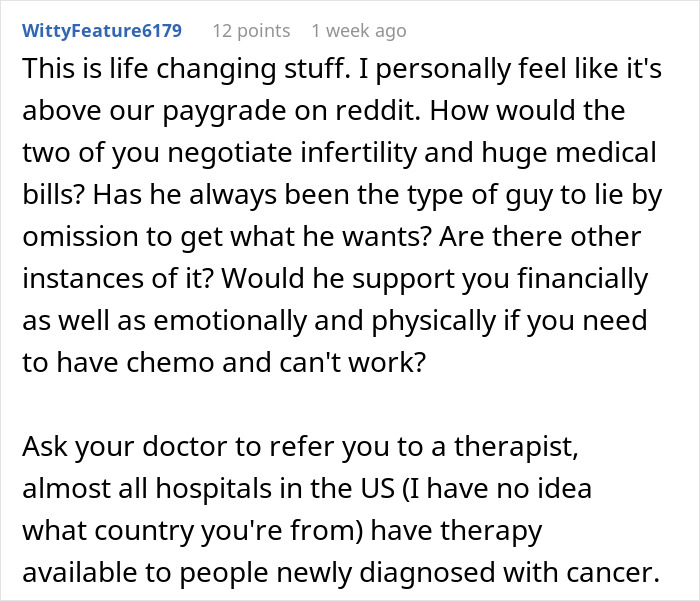 Reddit user discussing emotional and financial challenges of cancer and HPV in a relationship with a healthy boyfriend.