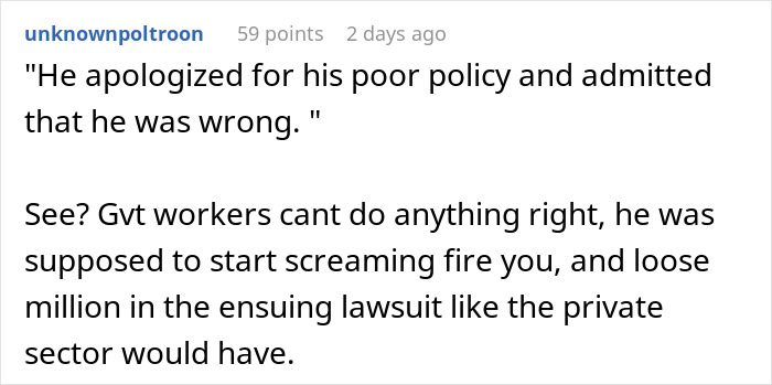 Comment discussing a boss banning flexible hours, apologizing for a poor policy, and its impact on government workers. Comment discussing a boss banning flexible hours, apologizing for a poor policy, and its impact on government workers.