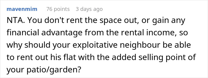 Comment discussing neighbor refusing patio use by tourists and Airbnb host calling it discrimination in online forum.