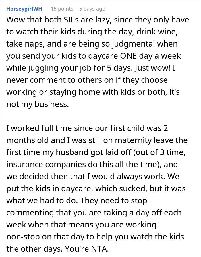 Commenter defends working mom juggling job and once-a-week daycare amid in-laws' judgment and misunderstandings. - 46