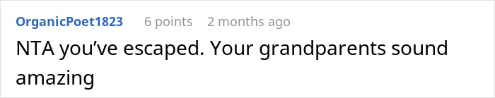 Comment on Reddit showing a user saying they are not the antagonist and praising the grandparents as amazing. Comment on Reddit showing a user saying they are not the antagonist and praising the grandparents as amazing.