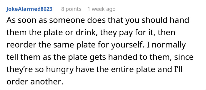 Comment about a woman sick of her coworker helping herself to food, reaching a boiling point on her birthday.