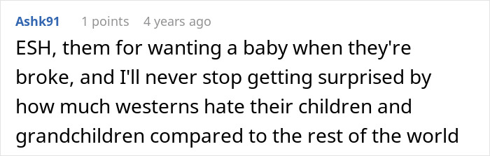 Screenshot of a Reddit comment discussing parents forbidding their daughter to have a baby under their roof.