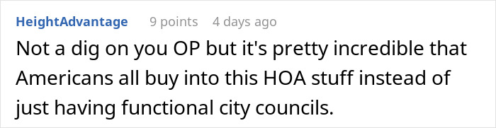 Screenshot of a Reddit comment discussing Americans dealing with petty HOA issues instead of city councils.