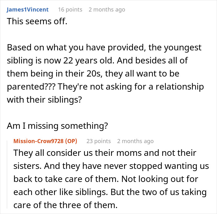 Conversation about siblings and mom relationships, focusing on siblings seeing others as moms rather than sisters.