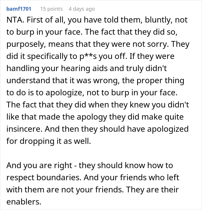 Comment discussing disrespectful behavior involving hearing aids and the importance of respecting boundaries with neurodivergent individuals.