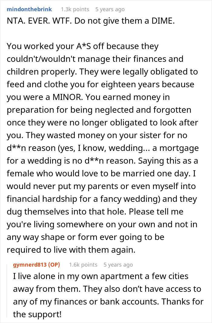 Reddit post showing a woman refusing to hand over her savings after parents claim it&rsquo;s rightfully theirs.
