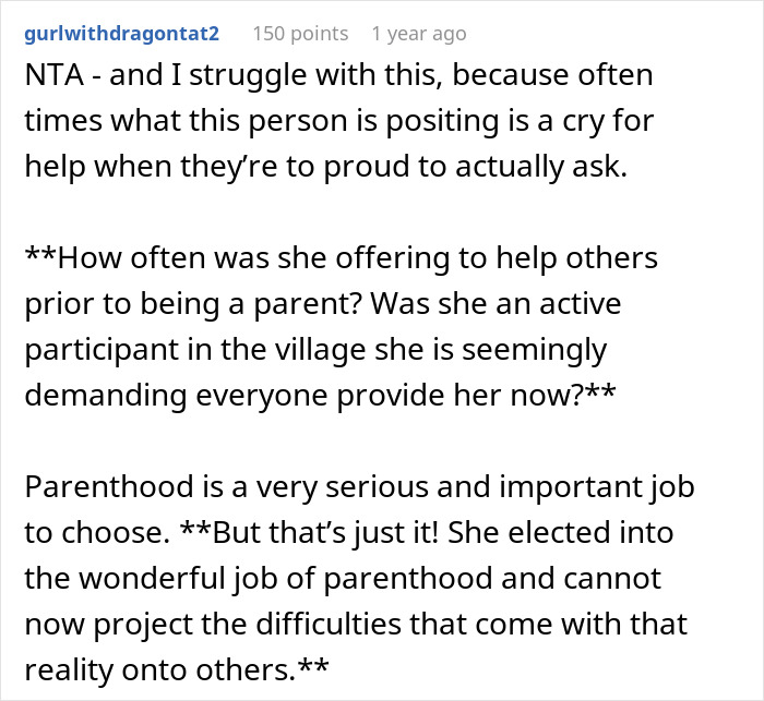 Screenshot of a Reddit comment discussing challenges of parenting and expecting help on a long flight with kids.