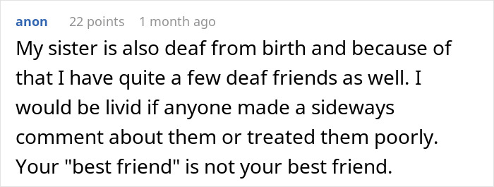 Comment about a deaf man being quiet and the impact of insensitive remarks from a woman who forgot he was there.