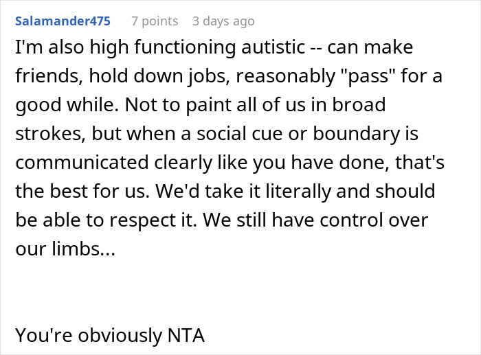 Comment from a user explaining boundaries and control in social interactions involving neurodivergent individuals online.