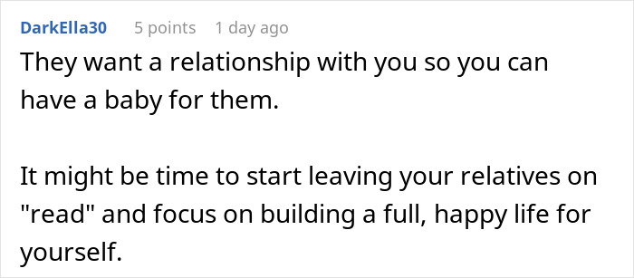 User comment about parents wanting kids badly and neglect, advising to focus on building a happy life and setting boundaries with relatives. - 50