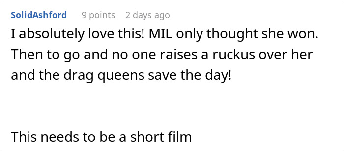 Screenshot of a comment praising how two amazing drag queens put a meddling MIL in her place at a wedding.