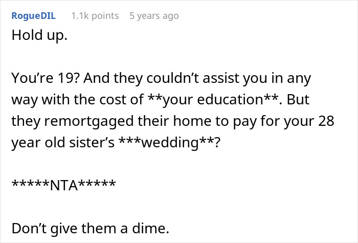 Woman refuses to hand over her entire savings after parents claim it is rightfully theirs in a family dispute text screenshot.