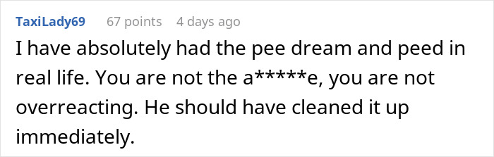 Screenshot of an online comment discussing a man wetting the bed and reacting to it not being treated as a big deal.