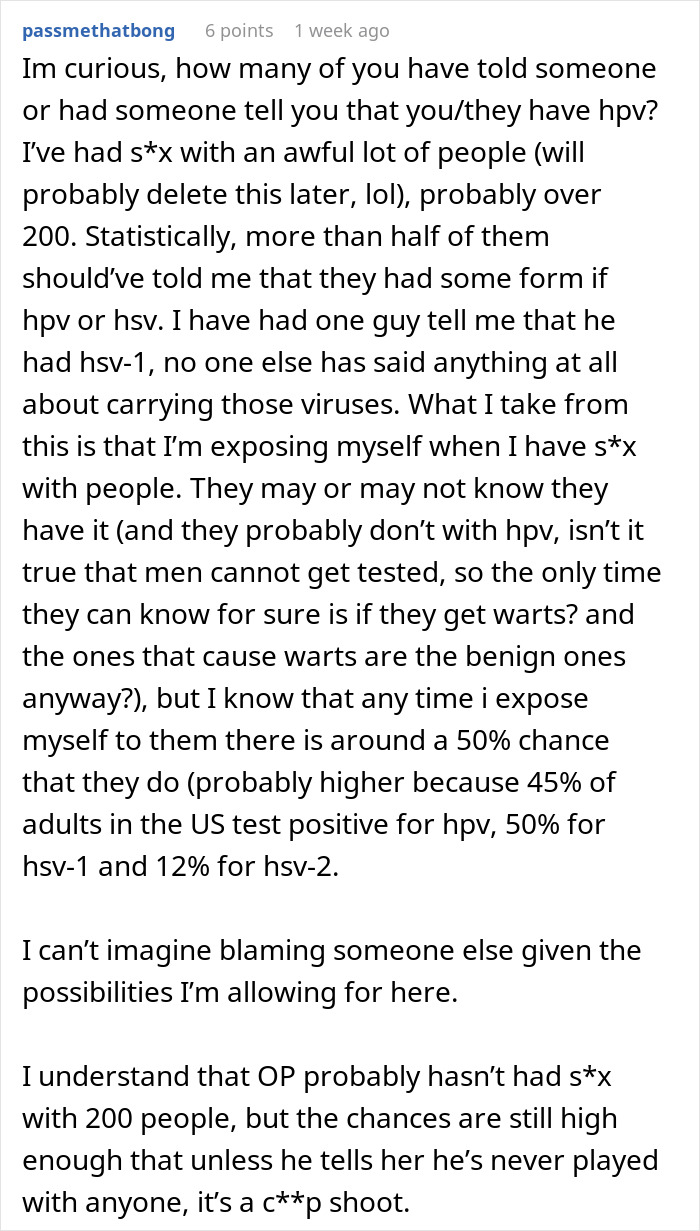 Text post discussing HPV statistics and experiences, highlighting exposure risks and challenges in disclosure among partners.