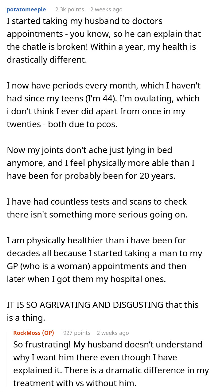 Screenshot of online comments describing a woman's chronic pain dismissed by doctors until her husband advocates for her.