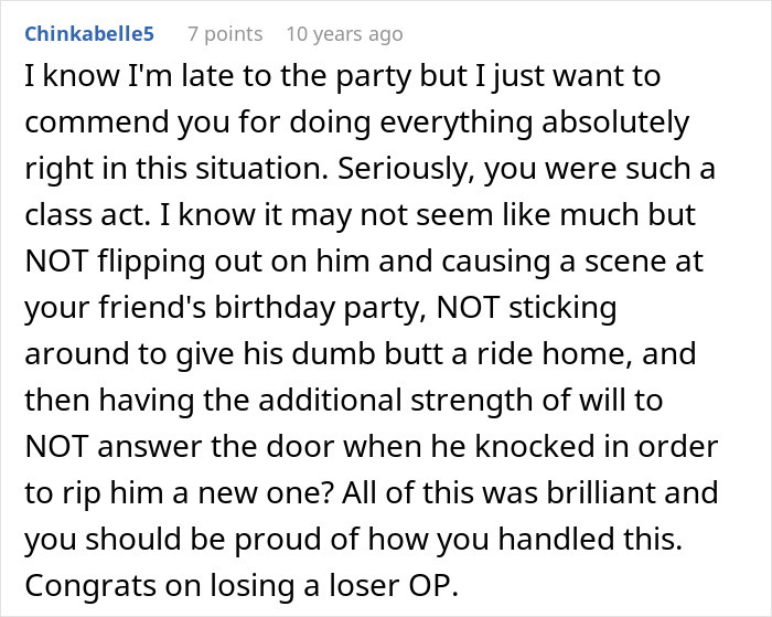 Comment praising someone for handling a confrontation calmly when a guy pretends to be single at a party.