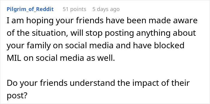 Comment expressing hope that friends are aware of the stalker MIL situation and have blocked her on social media.