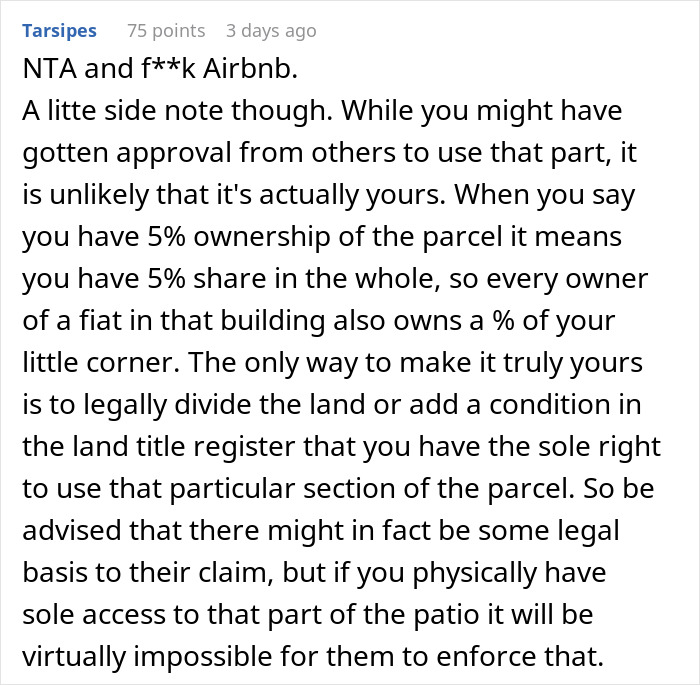 Text comment discussing legal ownership and access rights related to a shared patio in an Airbnb rental dispute.