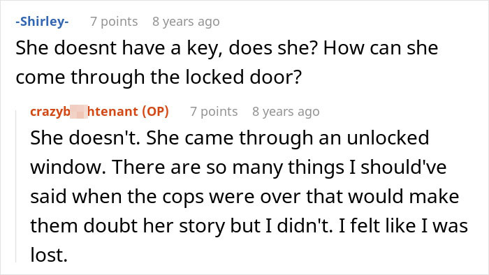 Screenshot of a Reddit conversation discussing a friend breaking into a house and planting belongings to prove she lives there.