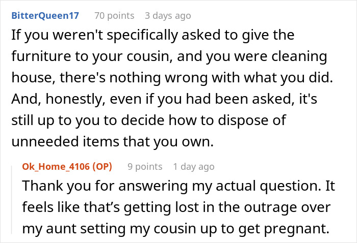 Text conversation discussing a family feud involving a lady who wants to be a grandma and encourages her disabled daughter to get pregnant.