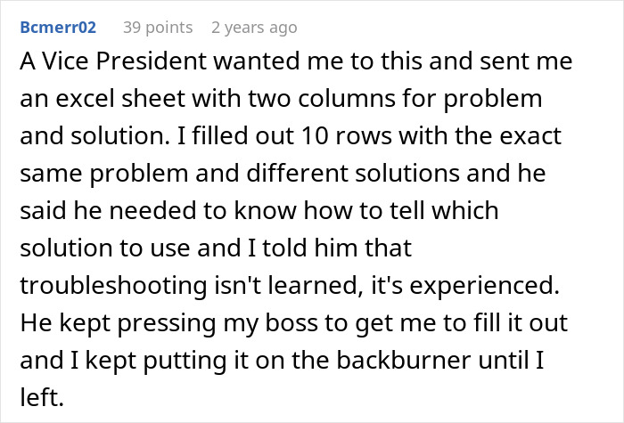 Comment about VP requesting knowledge transfer in Excel sheet, employee clapping back with two weeks notice before PTO.
