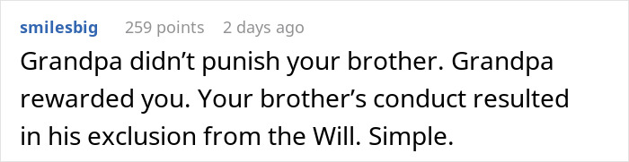 Comment discussing a 21-year-old caring for grandpa and conflict with an entitled brother over inheritance demands. - 14