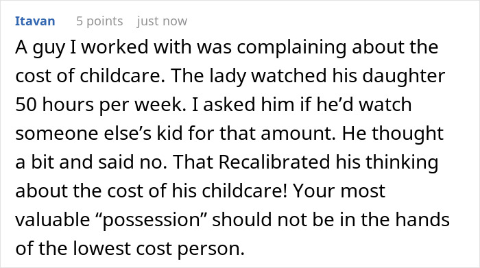 Comment discussing a man reconsidering childcare costs after realizing babysitters deserve a fair living wage.