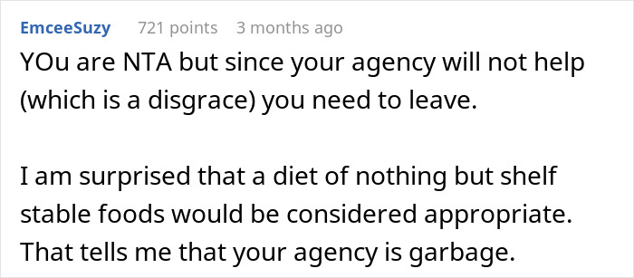 Comment from EmceeSuzy criticizing an agency for restricting the nanny&rsquo;s food to shelf stable items in an American family house.