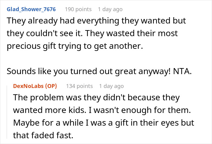 Screenshot of an online conversation highlighting parents neglecting their existing child while wanting more kids. - 28