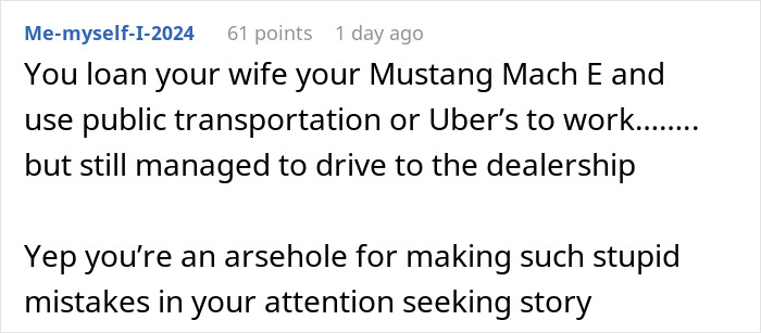 Text comment about husband dragging wife out of car dealership, highlighting conflict over car choice.
