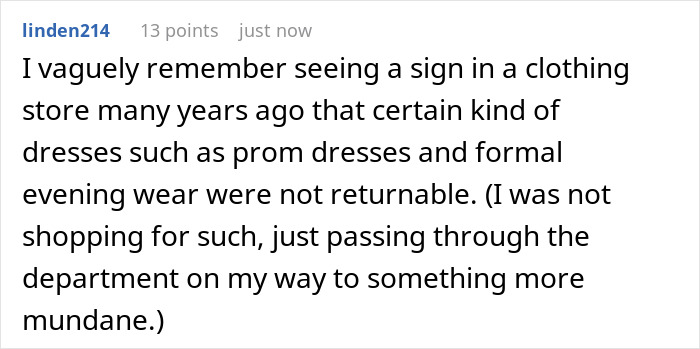 Screenshot of a social media comment discussing return policies, related to a woman&rsquo;s bakery refund dispute.