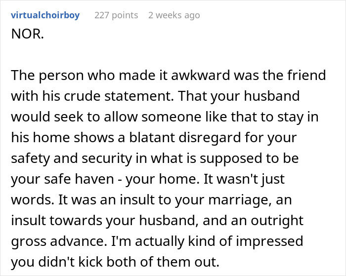 Comment discussing a friend&rsquo;s crude compliment causing discomfort, with wife urging hotel stay and husband disagreeing.