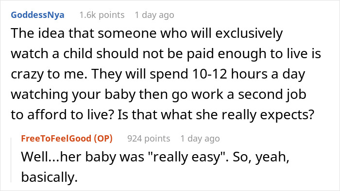 Reddit discussion text about babysitters&rsquo; living wages and the challenges they face balancing multiple jobs.