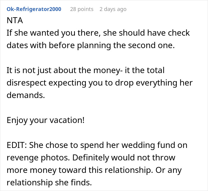 Screenshot of online comment discussing a man shelling out $22,500 for daughter&rsquo;s failed wedding and skipping the real one.