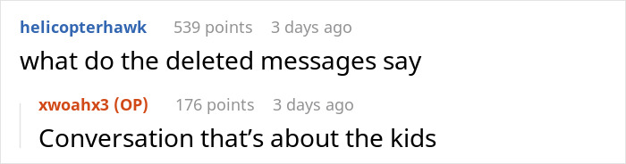 Text conversation screenshot with users discussing deleted messages and kids related to a boyfriend agreeing to mow his ex's lawn. Text conversation screenshot with users discussing deleted messages and kids related to a boyfriend agreeing to mow his ex's lawn.