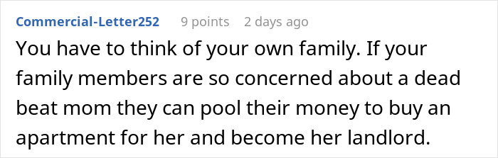 Screenshot of an online comment discussing family conflicts over money and financial demands within family relationships.