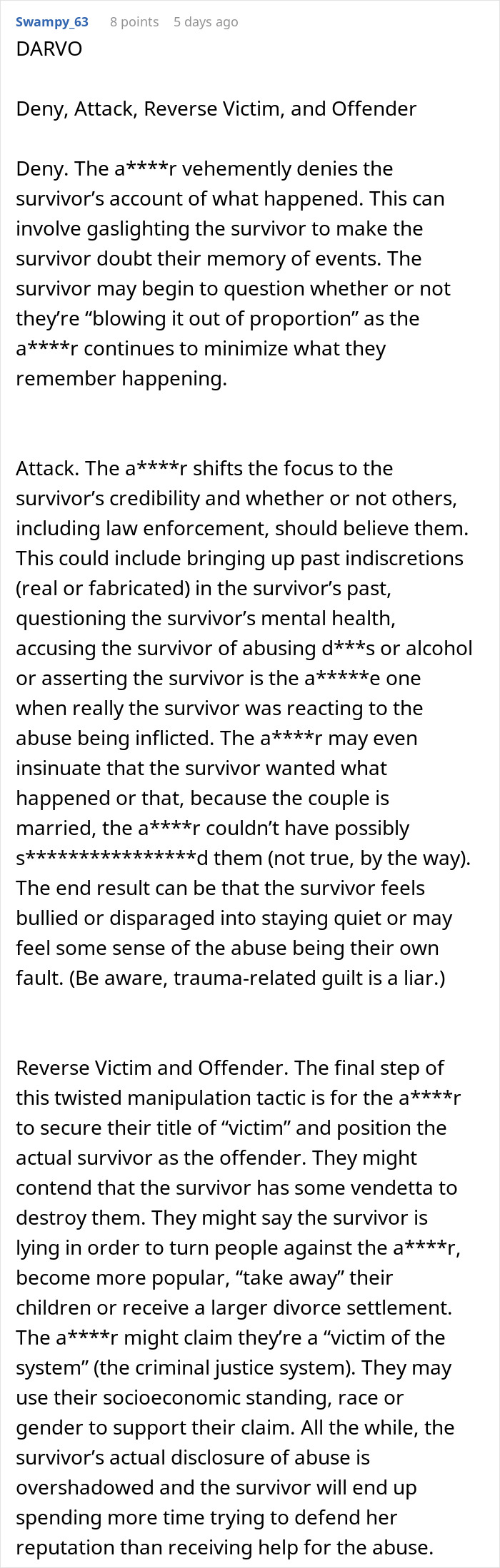 Text explaining DARVO manipulation tactics in abusive relationships, highlighting changes in husband behavior since wedding.