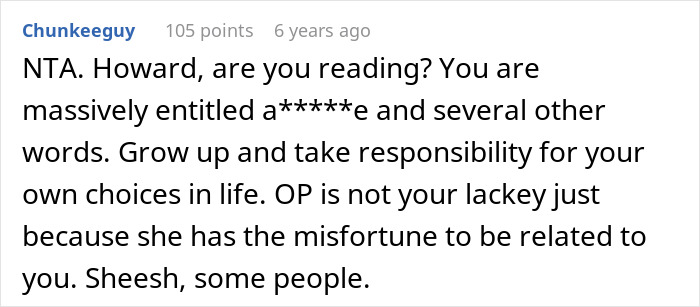 Screenshot of an online comment discussing a guy accusing his sister of being a stranger to his kids after refusing childcare.