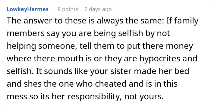 Alt text: Screenshot of a Reddit comment discussing family demands and responsibility in a financial dispute involving a sister.