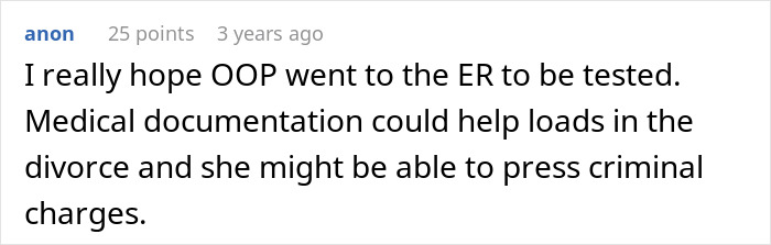 Comment discussing concern over poisoning, medical testing, and potential criminal charges in a family dispute scenario.