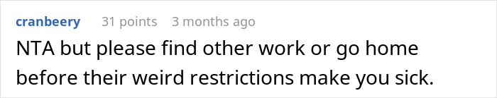 Comment highlighting concerns about food restrictions placed on a 19-year-old nanny by an American family.