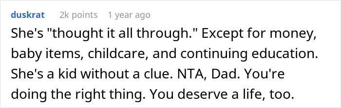 Screenshot of a forum comment discussing a teen insisting on keeping her baby and the dad refusing to help out.