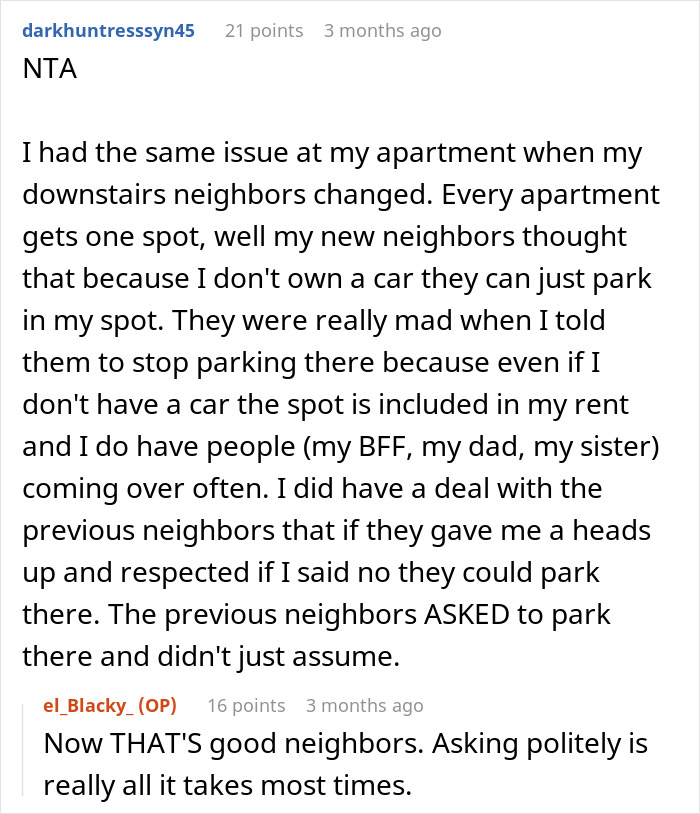 Comment section discussing parking disputes involving neighbors, with no mention of a young woman threatening cops or pregnant woman.