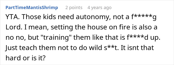 Alt text: Screenshot of a comment criticizing harsh training methods for kids, discussing autonomy and discipline after babysitting. Alt text: Screenshot of a comment criticizing harsh training methods for kids, discussing autonomy and discipline after babysitting.